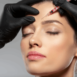 Client receiving a facial neuromodulator injection in a modern, luxurious medical spa with soft lighting and natural decor in Santa Barbara