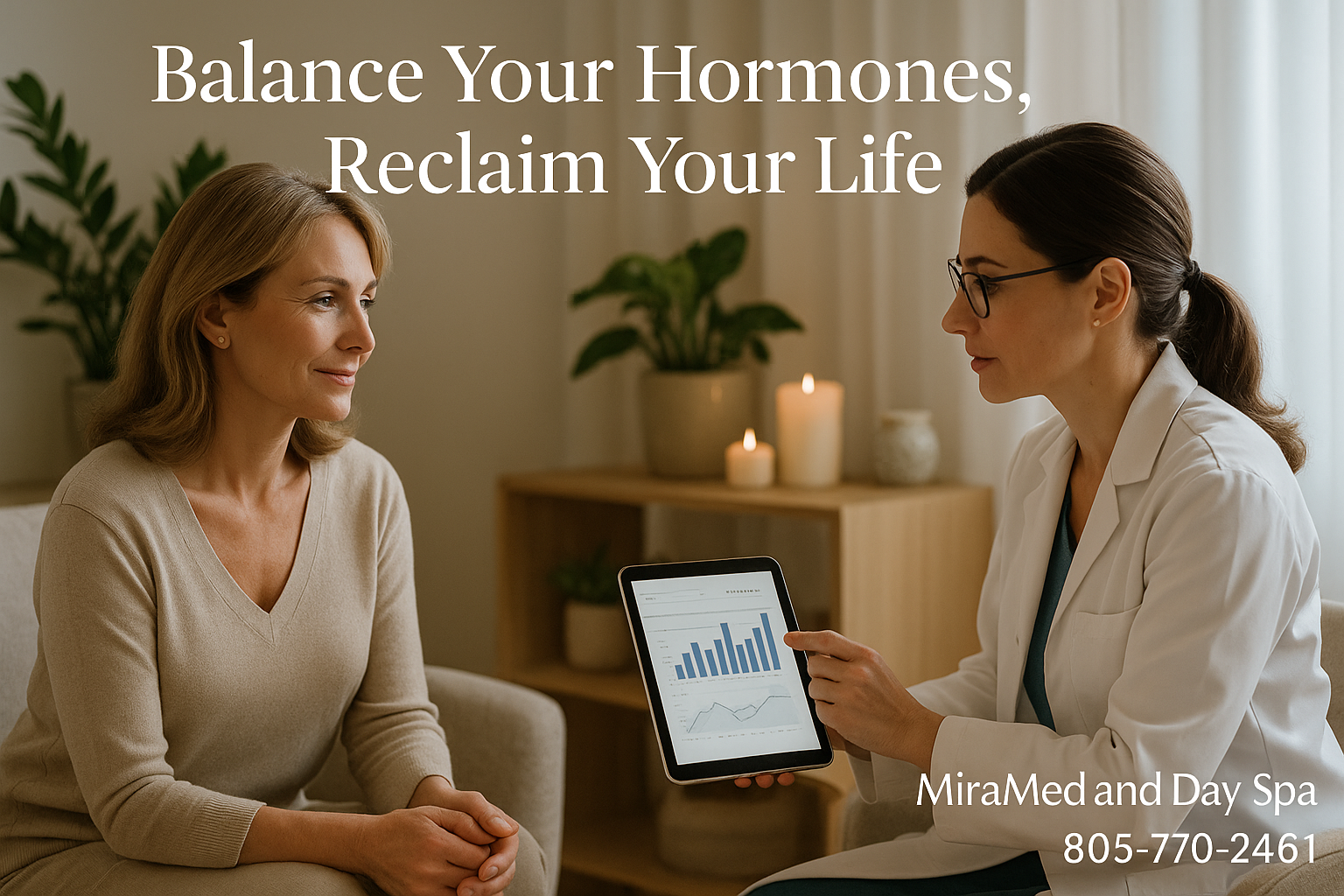 Middle-aged woman consulting with a doctor about hormone therapy at MiraMed and Day Spa in Santa Barbara, with a graph displayed on a tablet.