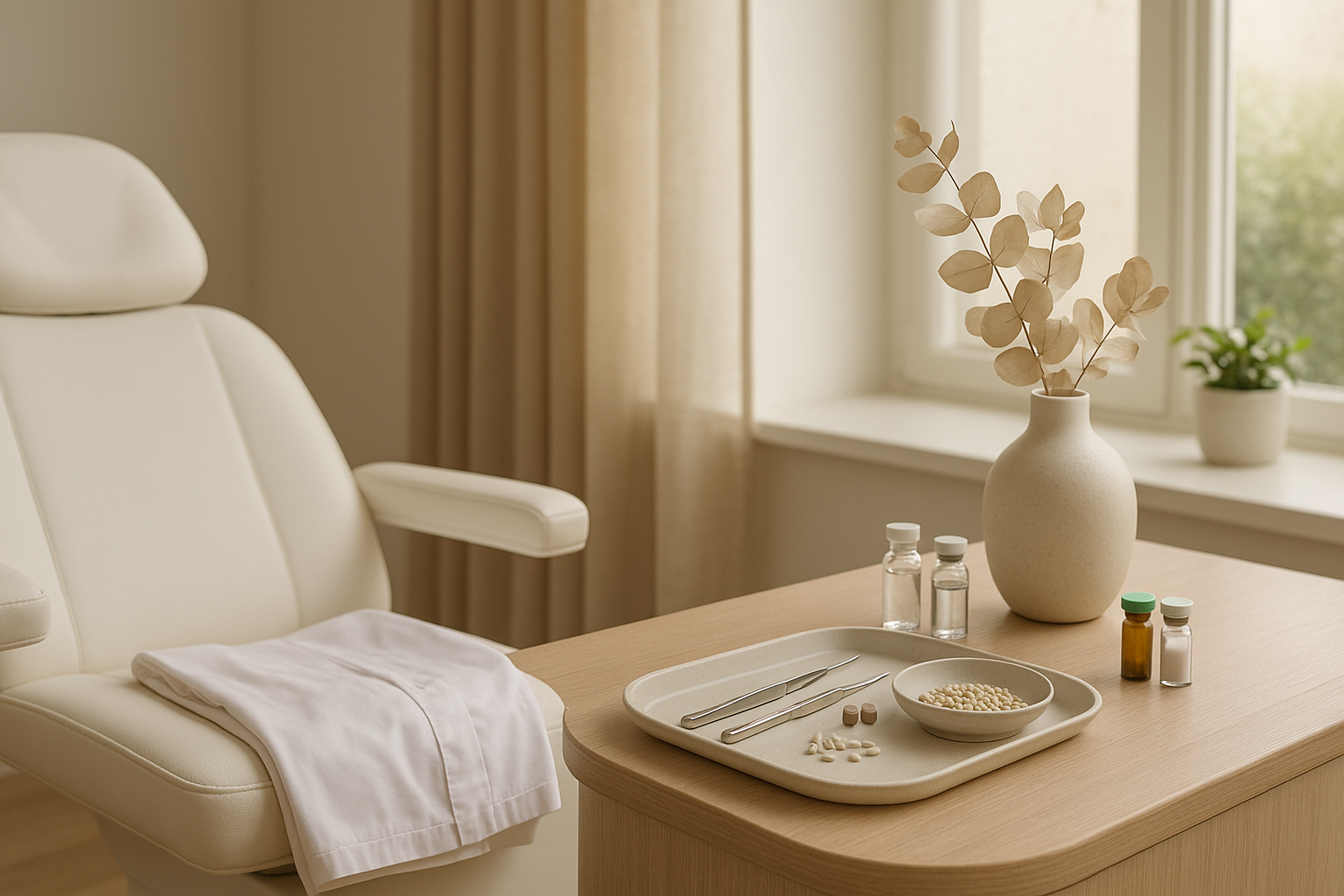 A peaceful medical spa treatment room featuring a white chair, hormone therapy tools on a wooden tray, and natural light from a large window with neutral decor.