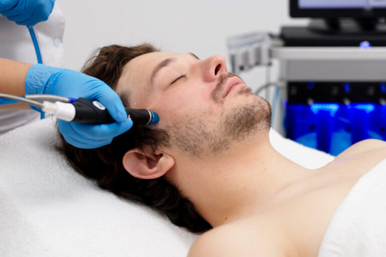Man receiving a HydraFacial treatment at a medical spa in Santa Barbara, showcasing skincare services for men.